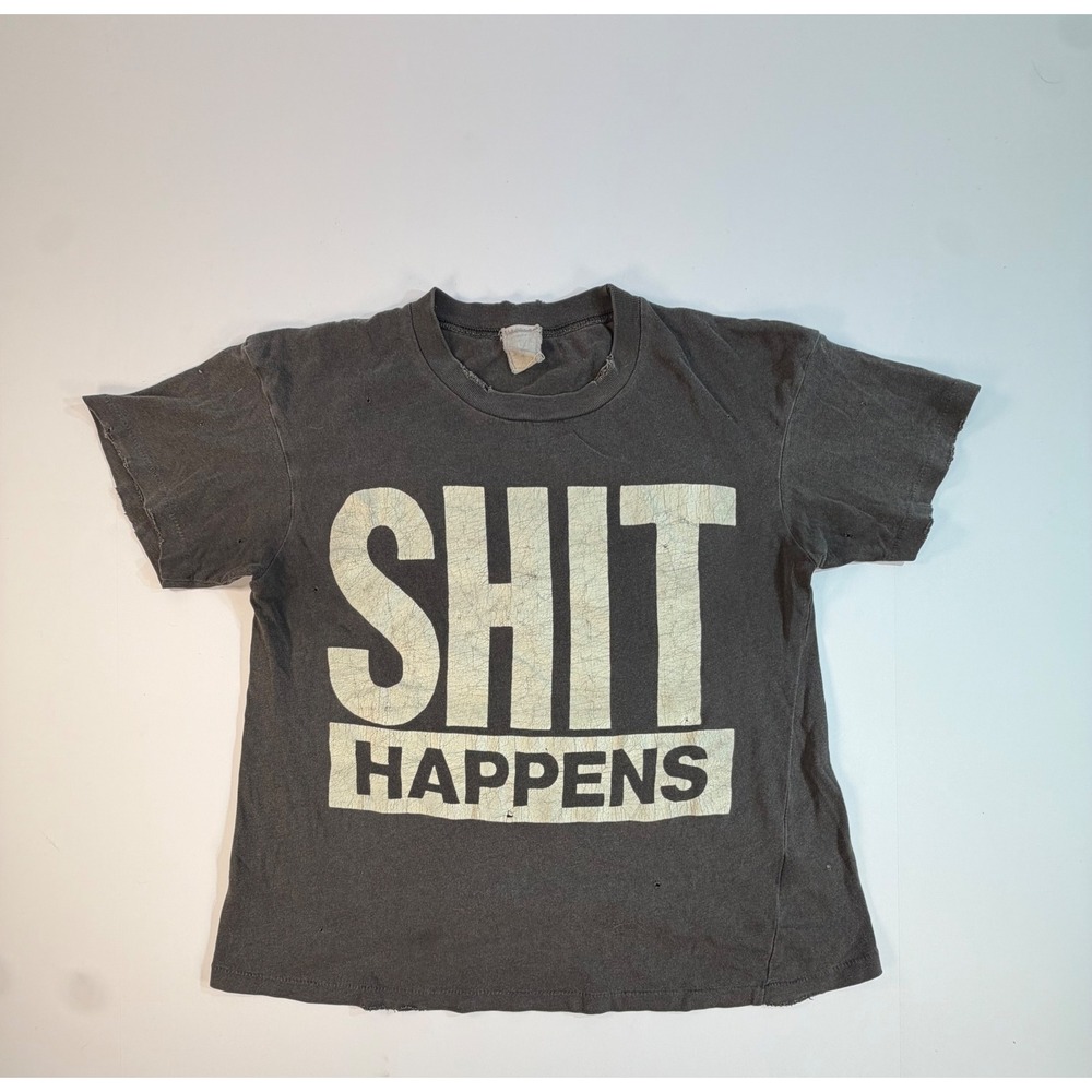 Madeworn Rock Sh*t Happens Graphic T-Shirt Faded Black Distressed Small